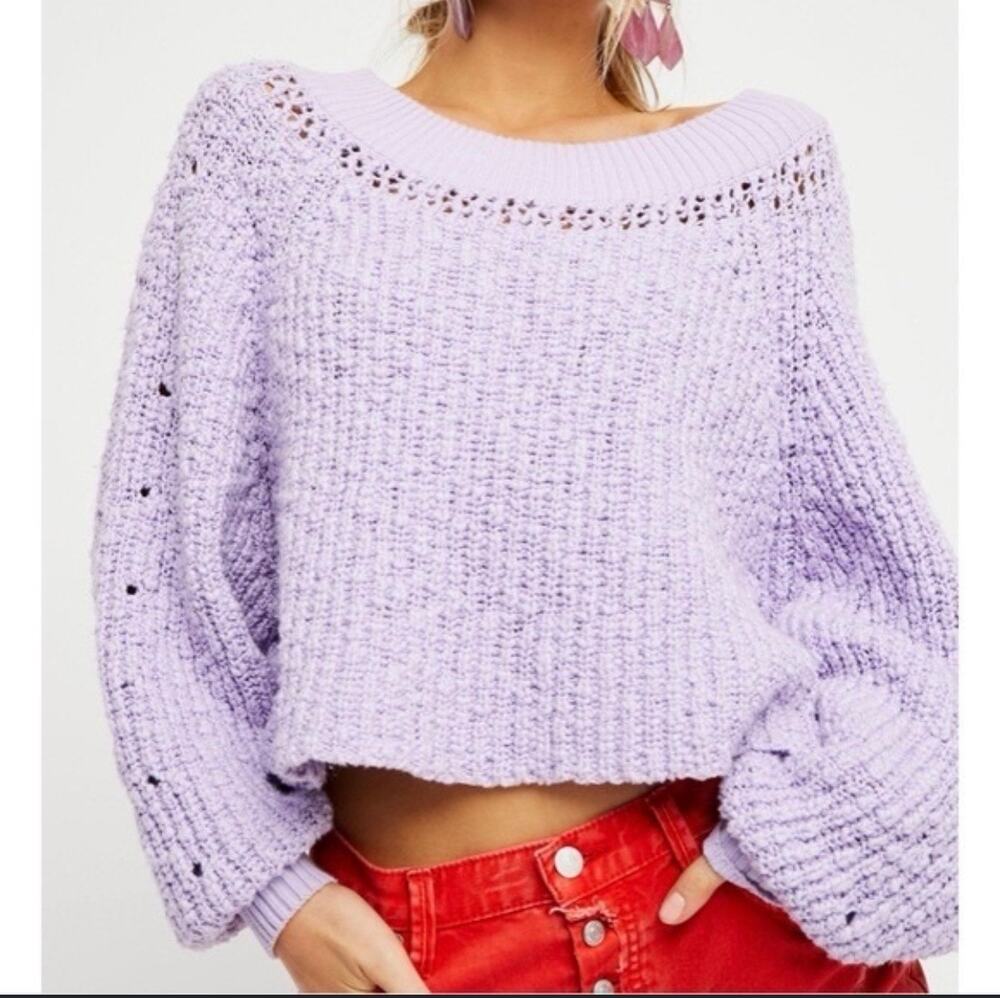 Free People Pandora's Boat Neck Lavender Knit Sweater Size XS Crop Oversized